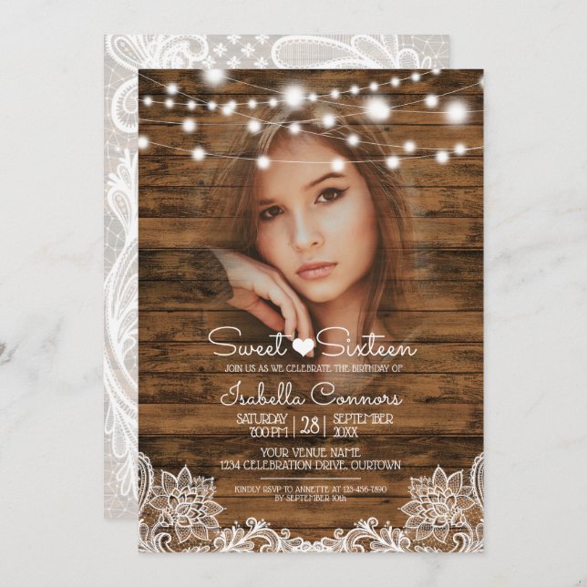 Invitación Luces de Cadena Madera y Encaje Fiesta Dulces 16 (Anverso / Reverso)