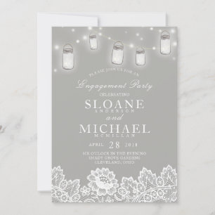 Invitación Luces de cadena Mason Jar Lace Gray Engagement Par