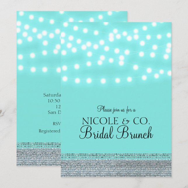 Invitación Luces de Cadena Modernas de Moda Turquesa Azul y B (Anverso / Reverso)