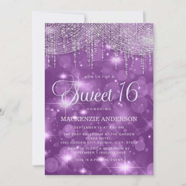 Invitación Luces de Cadena Moradas Brillan Bokeh Glam Sweet 1 (Anverso)