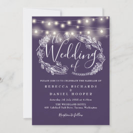 Invitación Luces de Cadena Moradas con Letra Floral para Boda