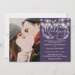 Invitación Luces de Cadena Moradas Foto Todo en Uno Boda