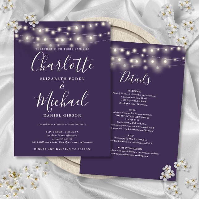 Invitación Luces de Cadena Moradas Todo en Uno Boda Simple (String Lights Purple All In One Simple Wedding Invitation)