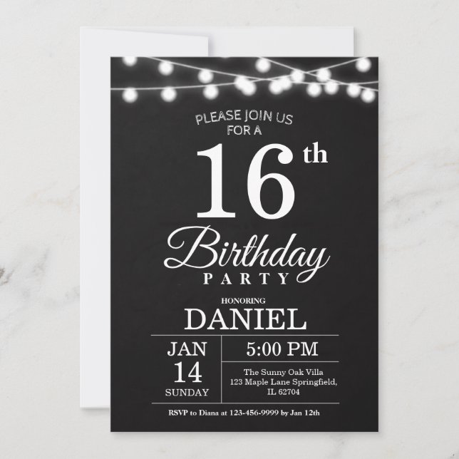 Invitación Luces de Cadena Negas Mate Cumpleaños 16 (Anverso)