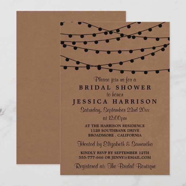 Invitación Luces de Cadena Negras en Lluvia de Novia Rústica  (Anverso / Reverso)