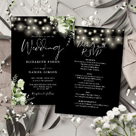 Invitación Luces de Cadena Negras Todo en Uno Floral Boda