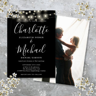 Invitación Luces de Cadena Negras y Blancas Guión Foto Boda 