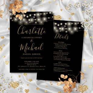 Invitación Luces de Cadena Negras y Doradas Todo en Uno para