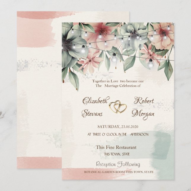 Invitación Luces de cadena, pincel, Boda floral (Anverso / Reverso)