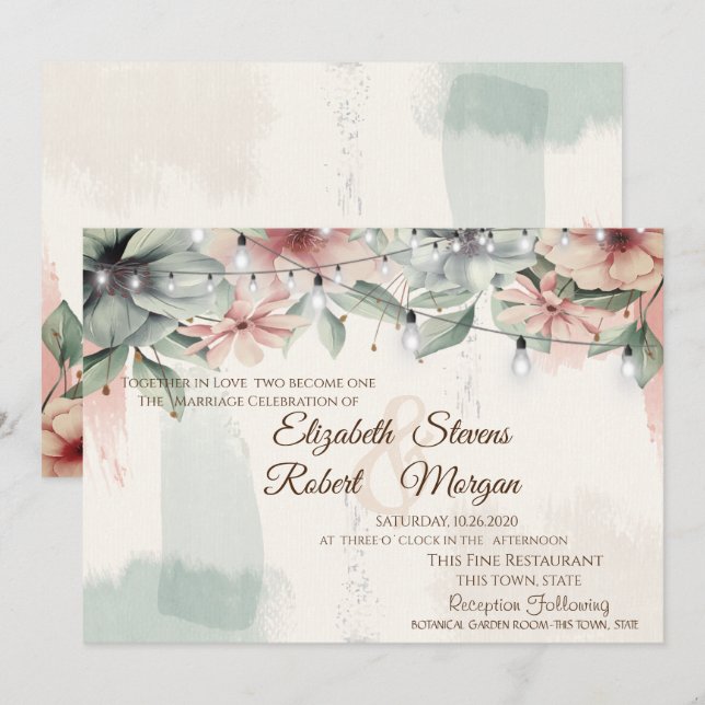 Invitación Luces de cadena, pincel, Boda floral (Anverso / Reverso)