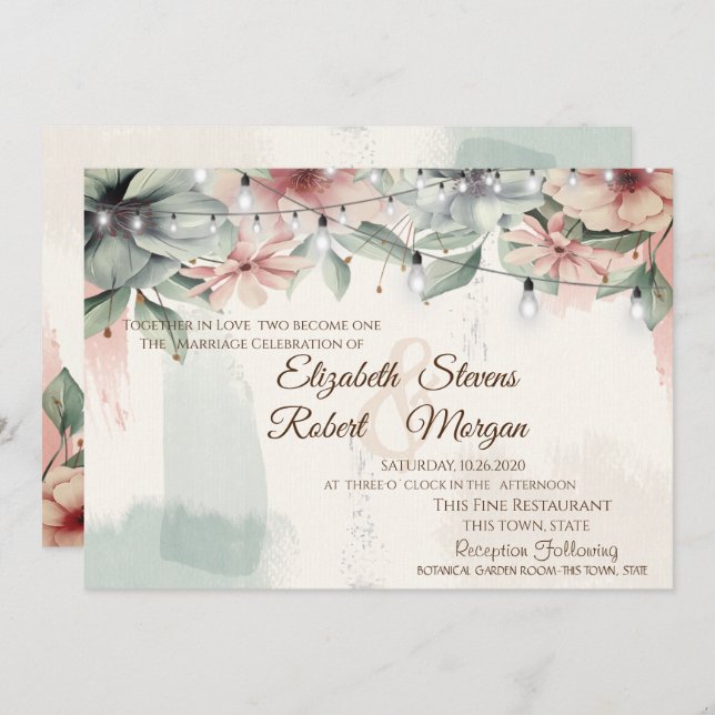 Invitación Luces de Cadena, Pincelada, Boda Floral (Anverso / Reverso)