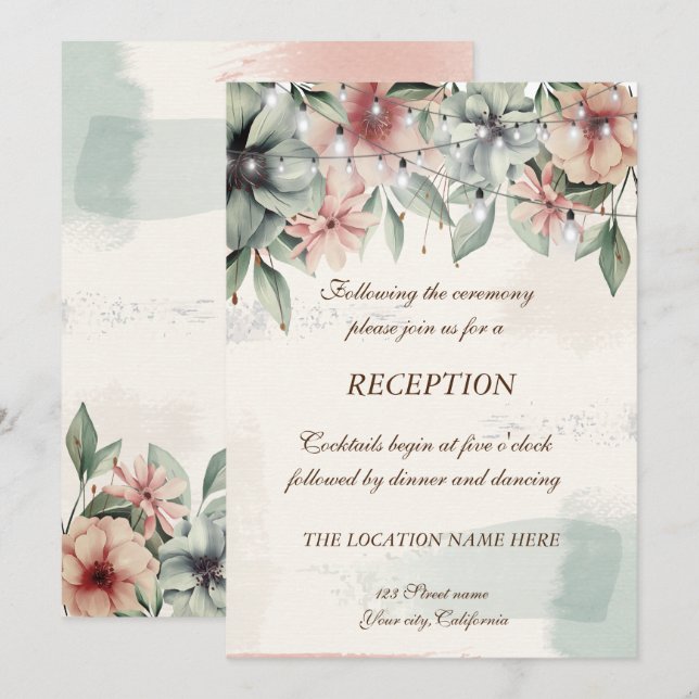 Invitación Luces de Cadena, Pincelada, Recepción de Boda Flor (Anverso / Reverso)
