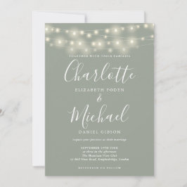 Invitación Luces de cadena Sage Green Elegant Script Boda