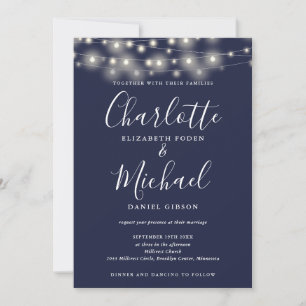 Invitación Luces de Cadena Script Azul Marino Código QR Boda