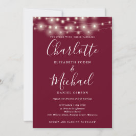 Invitación Luces de Cadena Script Burgundy Código QR Boda