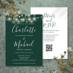Invitación Luces de Cadena Script Esmeralda Verde Código QR B