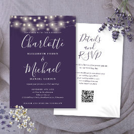 Invitación Luces de Cadena Script Morado Código QR Boda