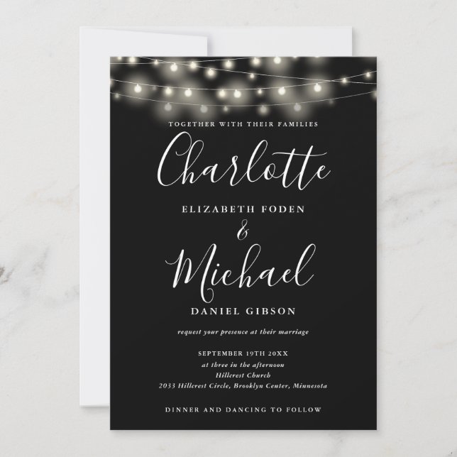 Invitación Luces de Cadena Script Negro Blanco Código QR Boda (Anverso)