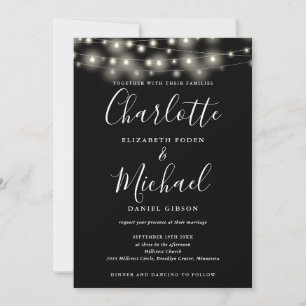 Invitación Luces de Cadena Script Negro Blanco Código QR Boda