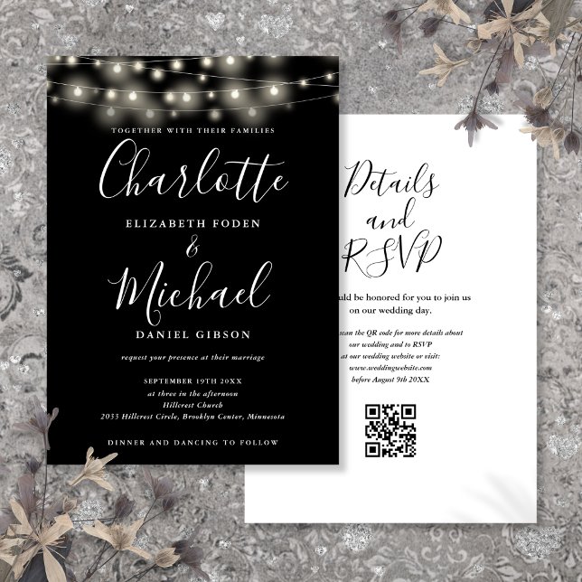 Invitación Luces de Cadena Script Negro Blanco Código QR Boda (String Lights Script Black White QR Code Wedding Invitation)
