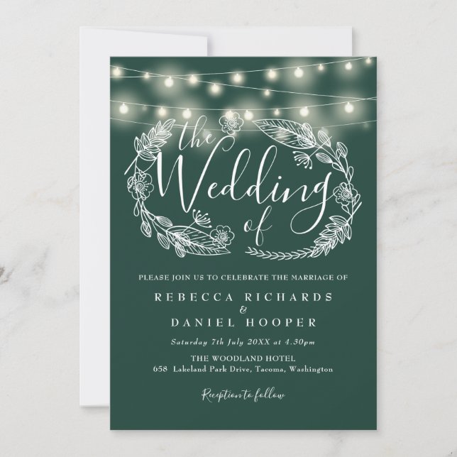 Invitación Luces de Cadena Verde Esmeralda Guión Boda (Anverso)