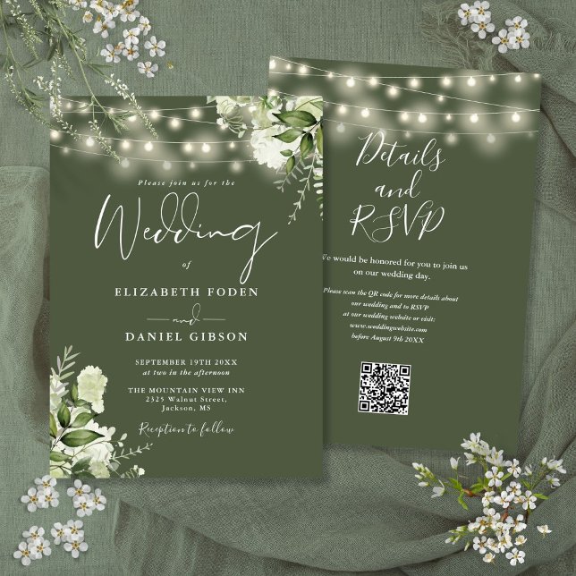 Invitación Luces de Cadena Verde Oliva Floral Código QR Boda (Olive Green String Lights Floral QR Code Wedding Invitation)