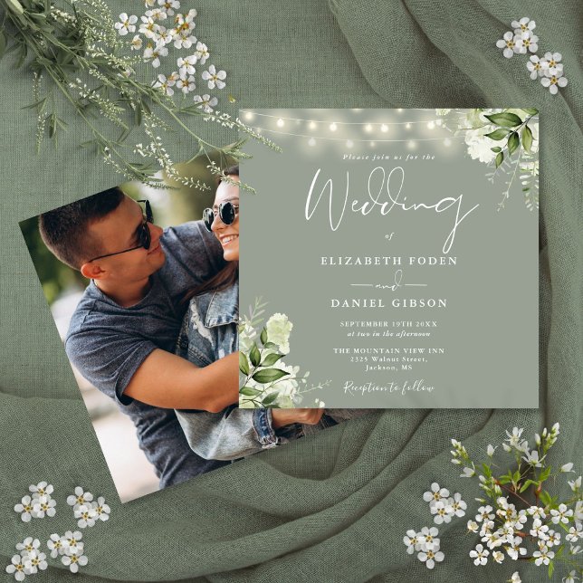 Invitación Luces de Cadena Verde Salvia Floral Boda Foto (Sage Green String Lights Floral Photo Wedding Invitation)