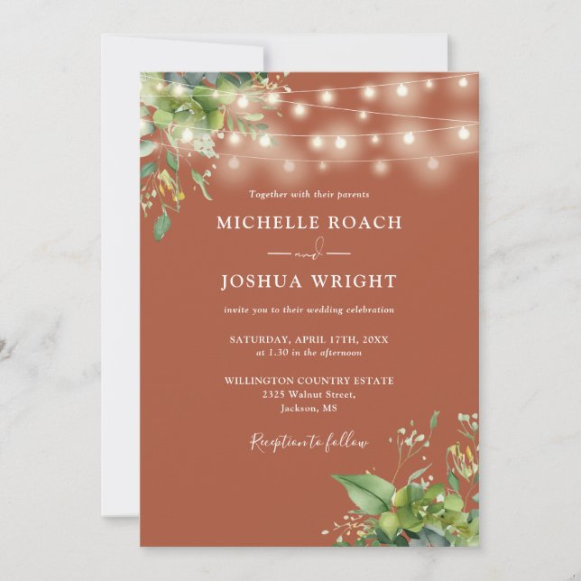 Invitación Luces de Cadena Verde Terracota Código QR Boda (Anverso)