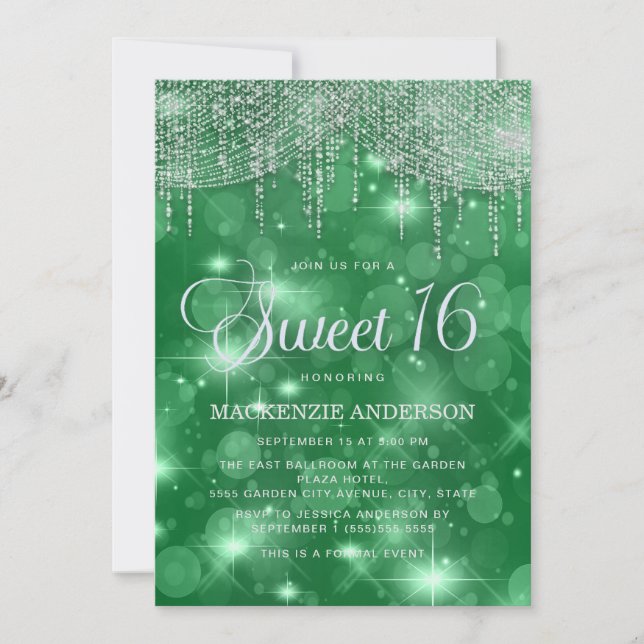 Invitación Luces de Cadena Verdes Bokeh Sweet 16 (Anverso)
