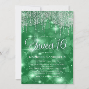 Invitación Luces de Cadena Verdes Bokeh Sweet 16