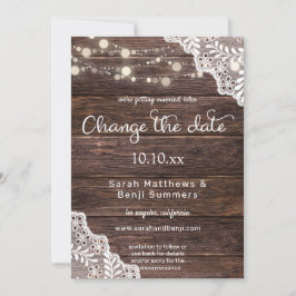 Invitación Luces de cadena y encaje de madera cambian la fech