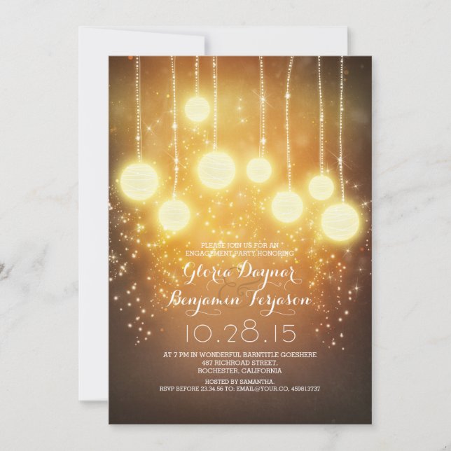Invitación luces de cadena y farolillos fiesta de compromiso  (Anverso)