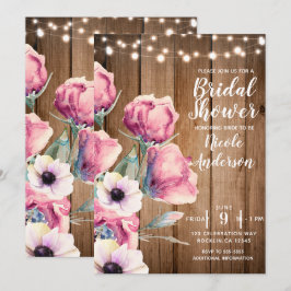 Invitación Luces de Cadena y Flores Campestres Madera Rústica