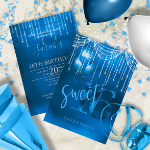 Invitación Luces de cadena y globos dulces 16 Dk Blue ID473