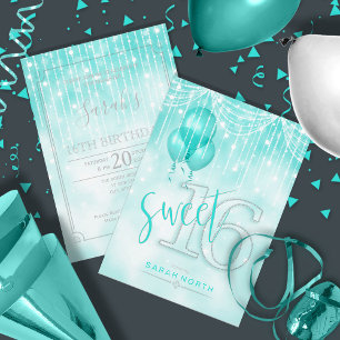 Invitación Luces de cadena y globos dulces 16 ID473 Verde azu