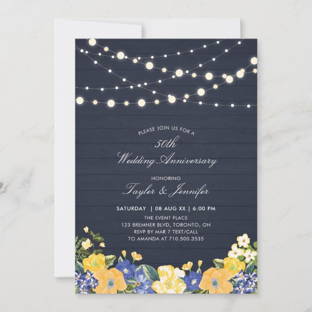 Invitación Luces de cadena y madera | 50° Aniversario Boda (Anverso)