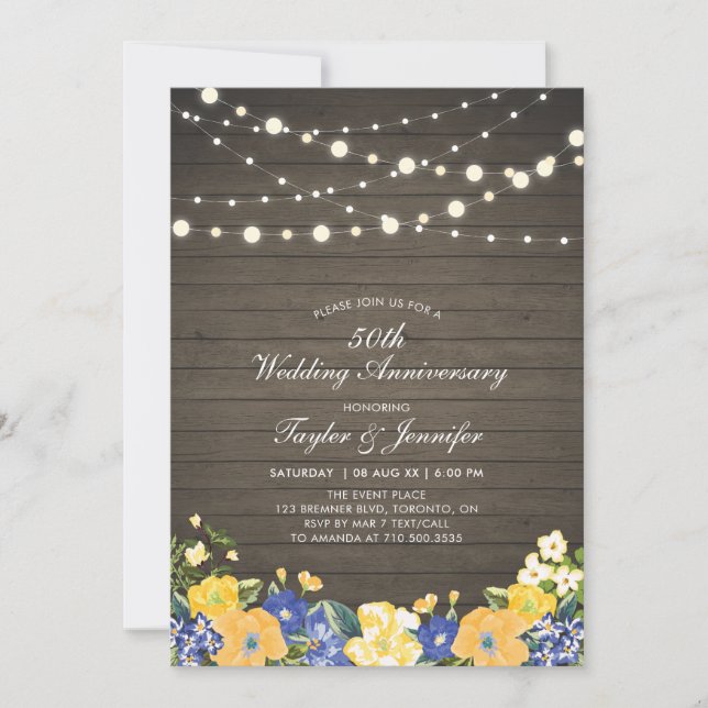 Invitación Luces de cadena y madera | 50° Aniversario Boda (Anverso)