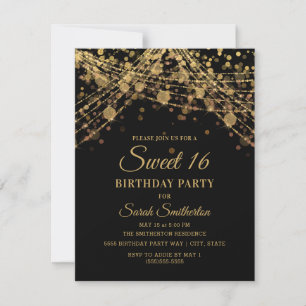 Invitación Luces de Cadenas Brillantes de Oro Negro Sweet 16
