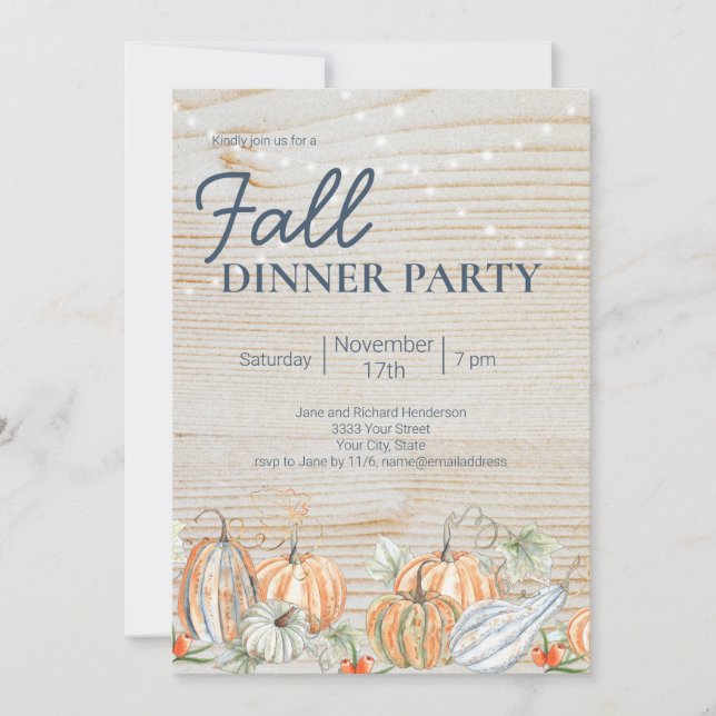 Invitación Luces de Cadenas Cena de Otoño Fiesta Calabaza (Anverso)