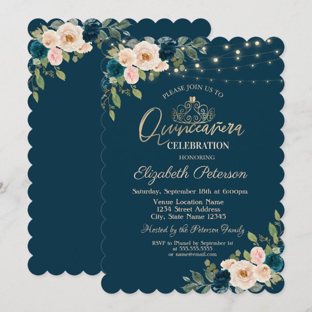 Invitación Luces de Cadenas de Flores Azules Elegantes Quince (Anverso / Reverso)