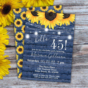 Invitación Luces de Cadenas de Girasoles Azules Cumpleaños 45