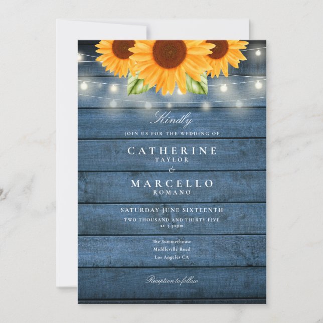 Invitación Luces de Cadenas de Girasoles Boda de Madera Rústi (Anverso)