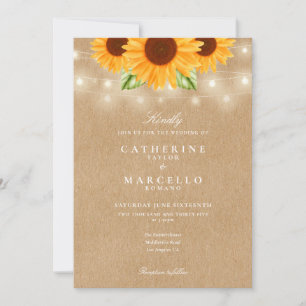 Invitación Luces de Cadenas de Girasoles Boda Rústica Kraft