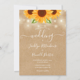 Invitación Luces de Cadenas de Girasoles Boda Rústica Kraft