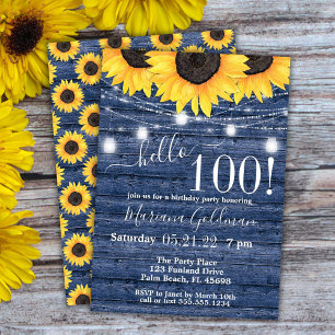 Invitación Luces de Cadenas de Girasoles Cumpleaños 100 Azul