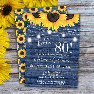 Invitación Luces de Cadenas de Girasoles Cumpleaños 80 Azul