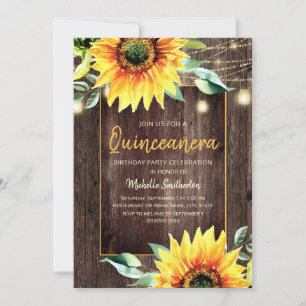 Invitación Luces de Cadenas de Girasoles Rústicos Quinceañera
