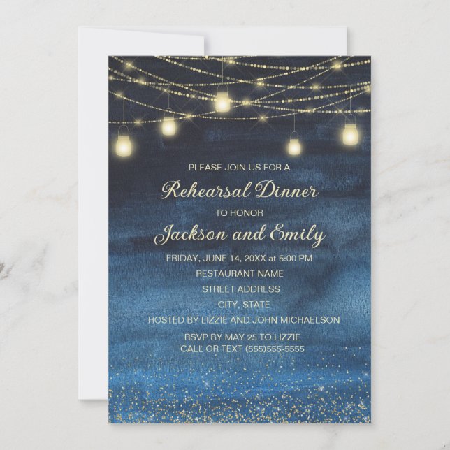 Invitación Luces de Cadenas de Oro en el Cielo Nocturno Cena  (Anverso)