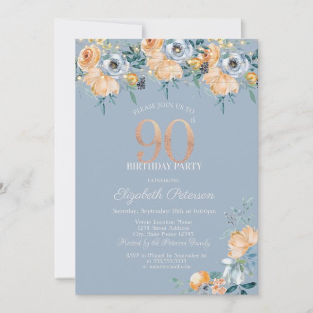 Invitación Luces de Cadenas de Rosas Azul Polvoriento Cumplea (Anverso)