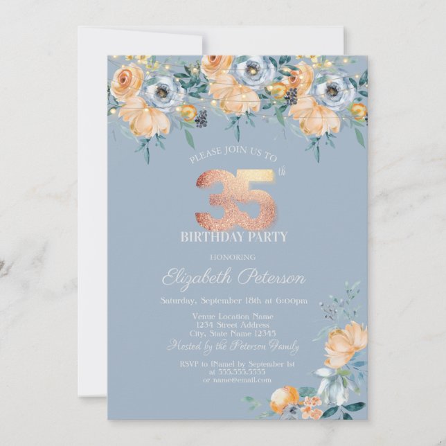 Invitación Luces de Cadenas de Rosas Azul Polvoriento Cumplea (Anverso)